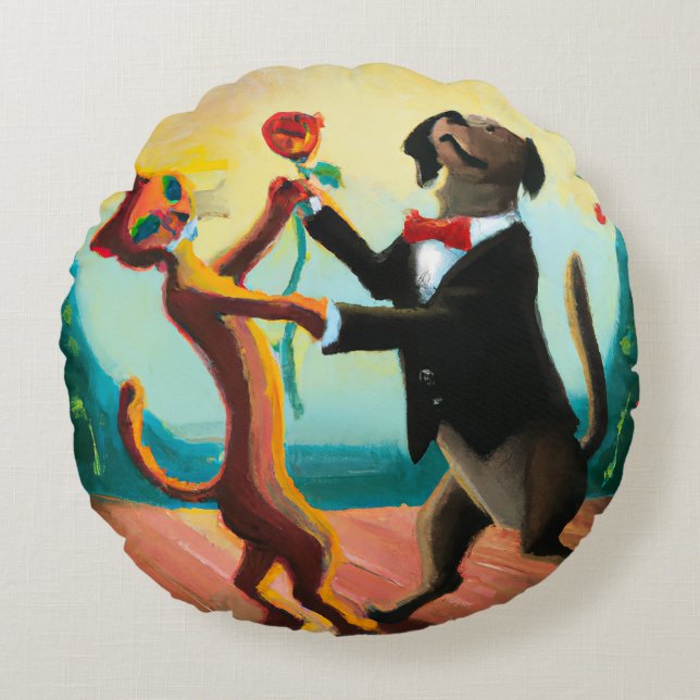 Cat and Dog Dancing Tango in Dance Club, AI Art Round Cushion (Front)