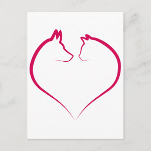 Cat and dog faces in red heart silhouette postcard