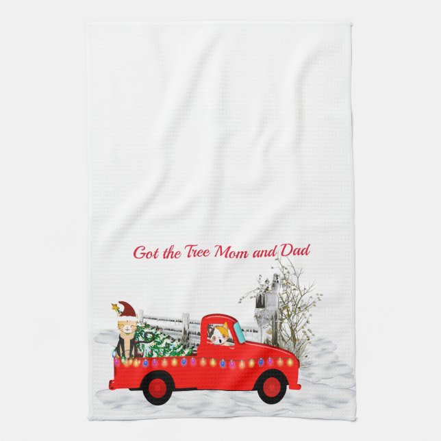 Cat and Dog Fetched the Christmas Tree Tea Towel (Vertical)
