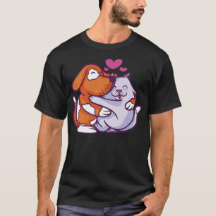 Cat And Dog Hugging Cartoon Love Pet Hug Premium T-Shirt