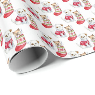 Cat and Dog in Christmas Stockings Wrapping Paper