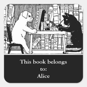 Cat and Dog in the Library Bookplate Square Sticker