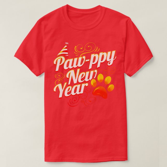 Cat And Dog Lover Pawppy Happy New Year T-Shirt (Design Front)