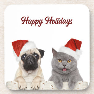 Cat and Dog Merry Christmas Holiday Coaster