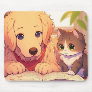 Cat and dog reading a book mouse pad