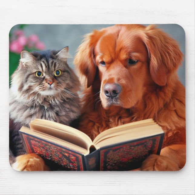 Cat and dog reading a book mouse pad (Front)