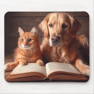 Cat and dog reading a book mouse pad