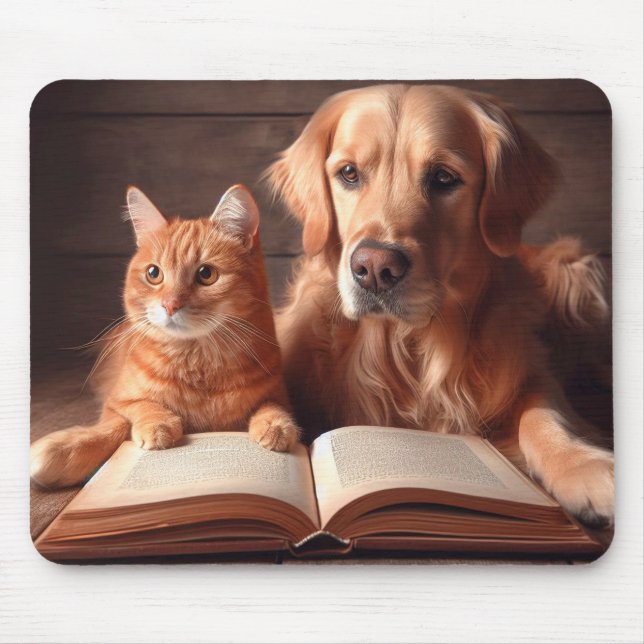 Cat and dog reading a book mouse pad (Front)