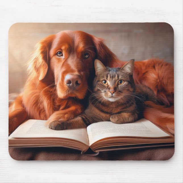 Cat and dog reading a book mouse pad (Front)