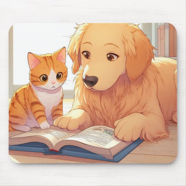 Cat and dog reading a book mouse pad (Front)