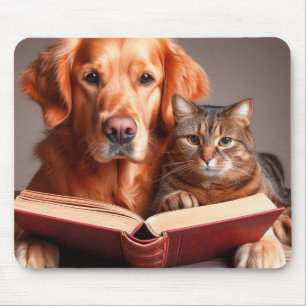 Cat and dog reading a book mouse pad