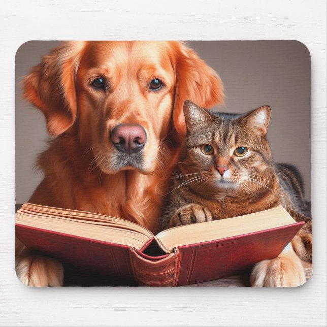 Cat and dog reading a book mouse pad (Front)