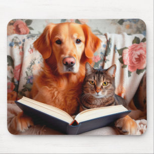 Cat and dog reading a book mouse pad