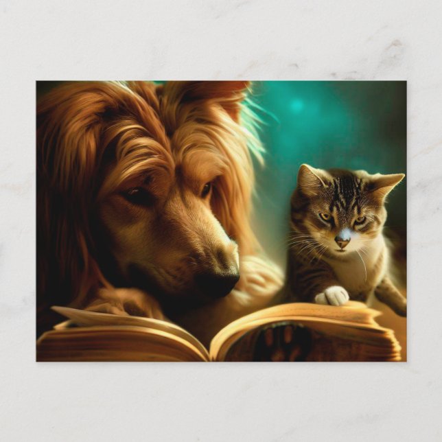 Cat and dog reading a book postcard (Front)