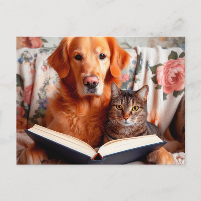 Cat and dog reading a book postcard (Front)