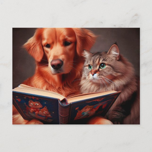 Cat and dog reading a book postcard (Front)