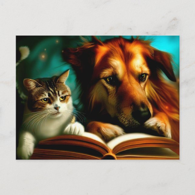 Cat and dog reading a book postcard (Front)