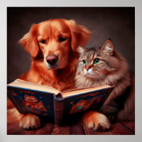Cat and dog reading a book