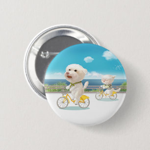 Cat and dog riding bicycle 6 cm round badge