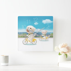 Cat and dog riding bicycle square wall clock