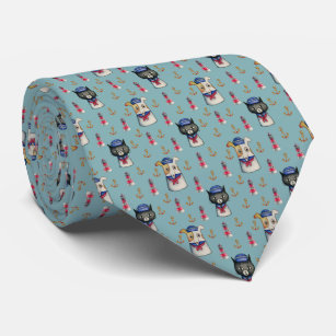 Cat and Dog Sailors Nautical Watercolor Pattern Tie