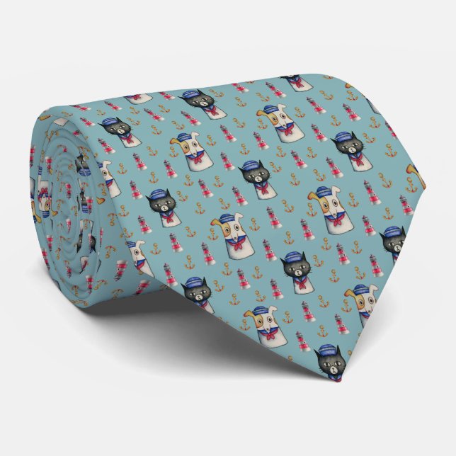Cat and Dog Sailors Nautical Watercolor Pattern Tie (Rolled)