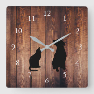 Cat and dog  silhouettes pets rustic wood square wall clock