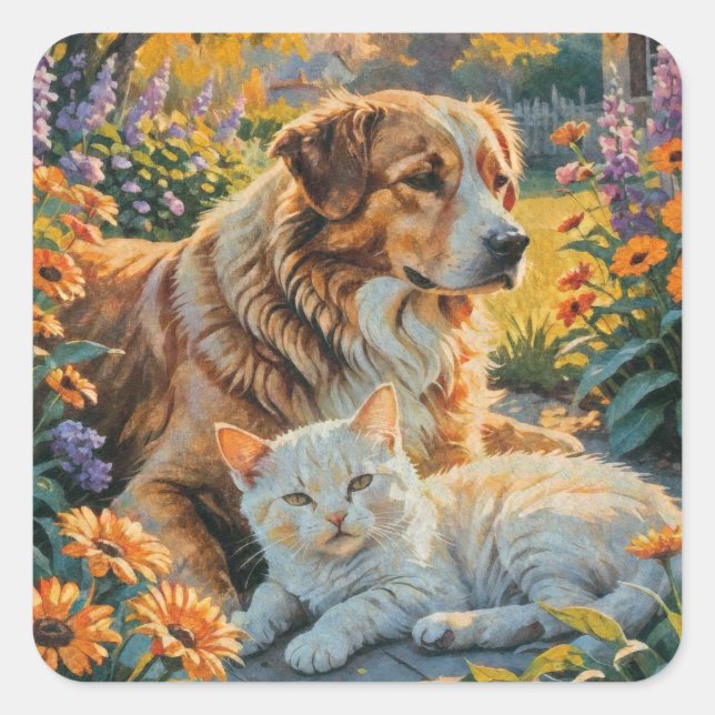 Cat and Dog Square Sticker (Front)