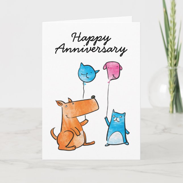 Cat and Dog with Balloons Anniversary Card (Front)