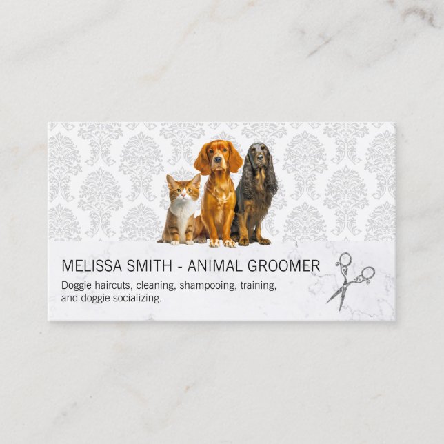 Cat and Dogs | Damask Pattern Business Card (Front)