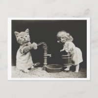 Cat and Doll at Water Pump Vintage Oddity