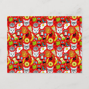 Cat and egg on red announcement postcard