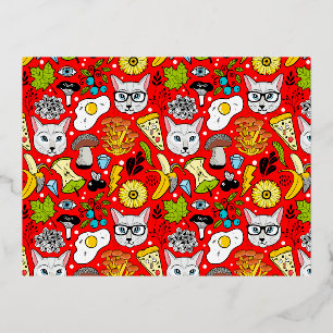 Cat and egg on red foil holiday postcard