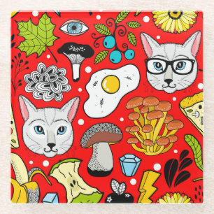 Cat and egg on red glass coaster