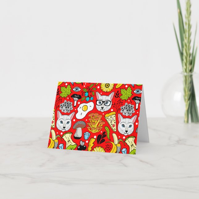Cat and egg on red holiday card (Front)