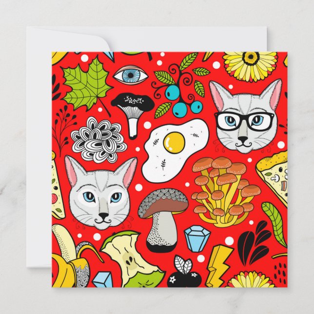 Cat and egg on red holiday card (Front)