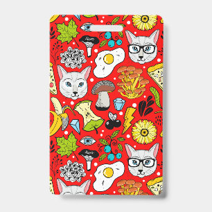 Cat and egg on red ID badge