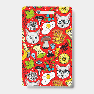 Cat and egg on red ID badge