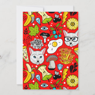 Cat and egg on red invitation