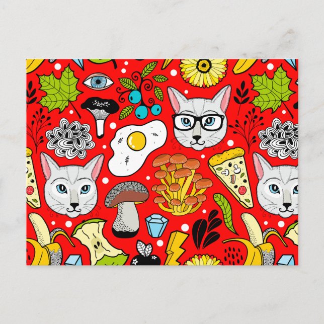 Cat and egg on red invitation postcard (Front)