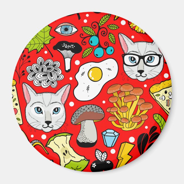 Cat and egg on red magnet (Front)