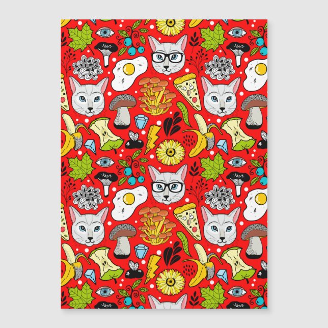 Cat and egg on red magnetic invitation (Front)