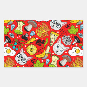 Cat and egg on red rectangular sticker