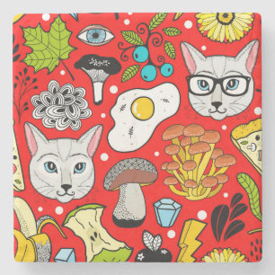 Cat and egg on red stone coaster