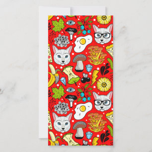 Cat and egg on red thank you card