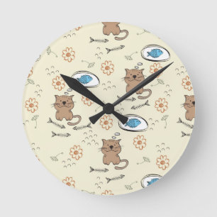 cat and fish pattern round clock