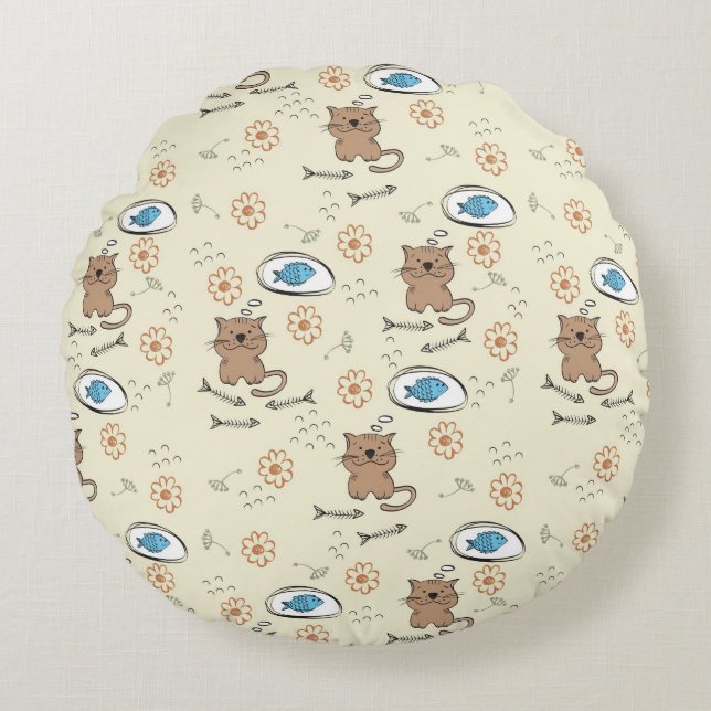 cat and fish pattern round cushion (Front)