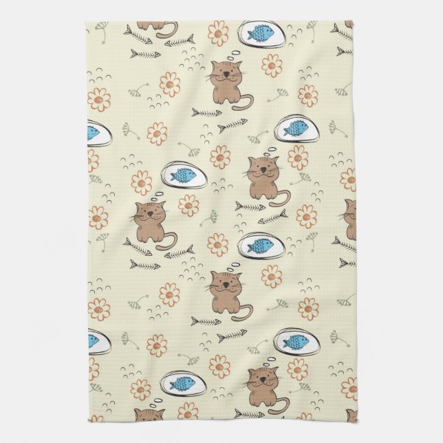 cat and fish pattern tea towel (Vertical)
