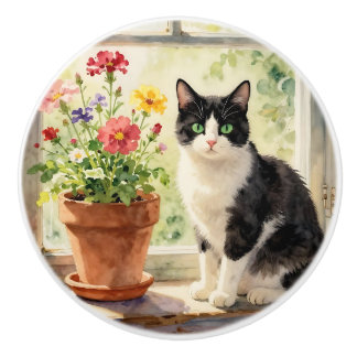 Cat and Flower Themed Ceramic Knob