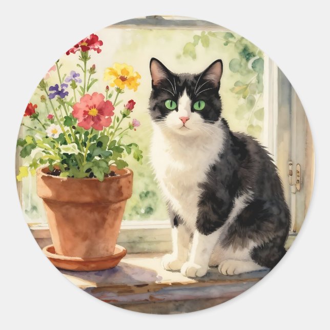 Cat and Flower Themed Classic Round Sticker (Front)